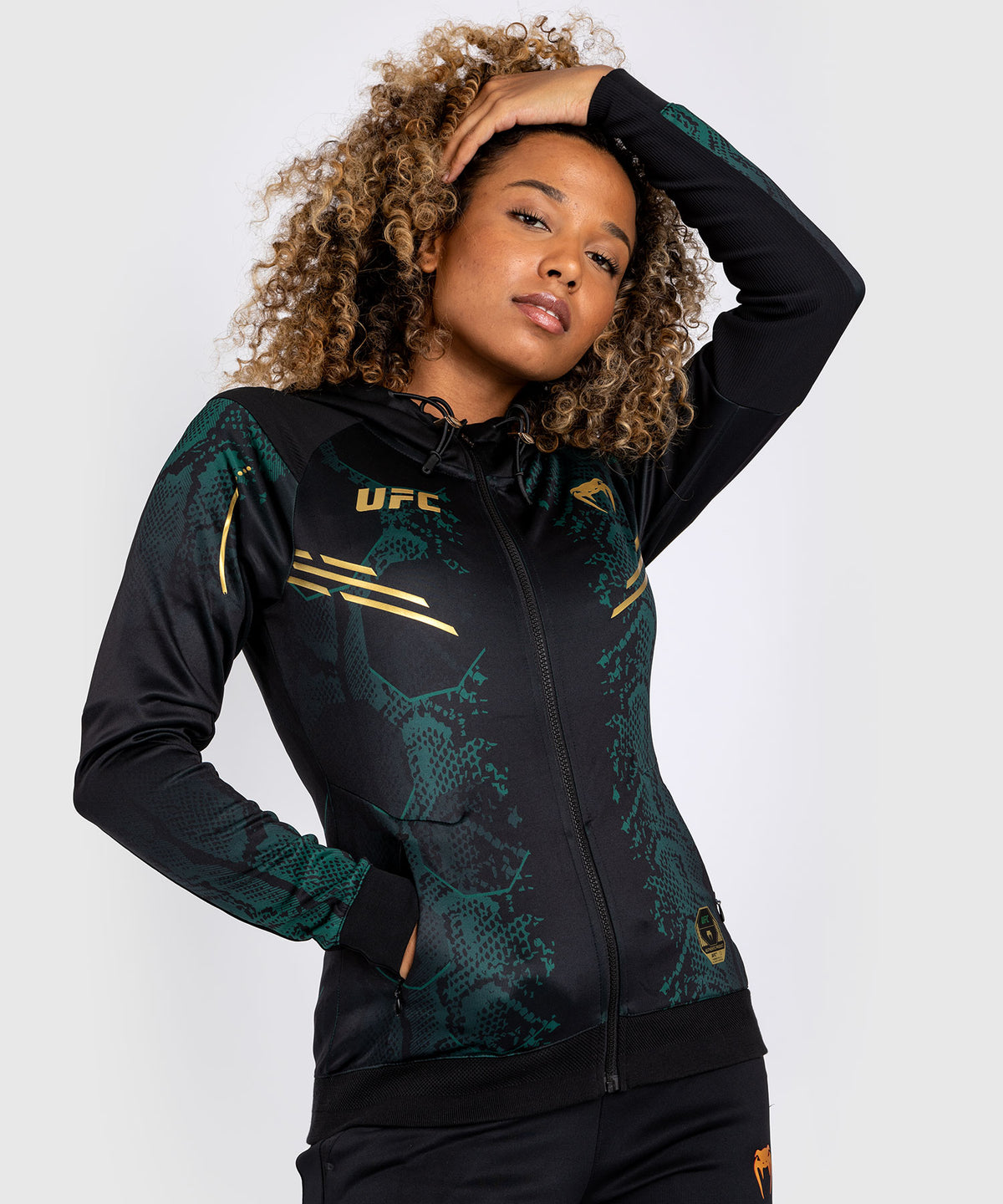 Sweat à capuche pour Femmes UFC Adrenaline by Venum Authentic Fight Night - Emerald Edition - Vert/Noir/Or