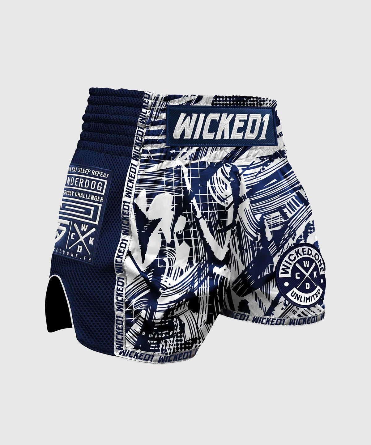 Wicked One Havoc Pantalones de Muay Thai - Azul Marino/Blanco