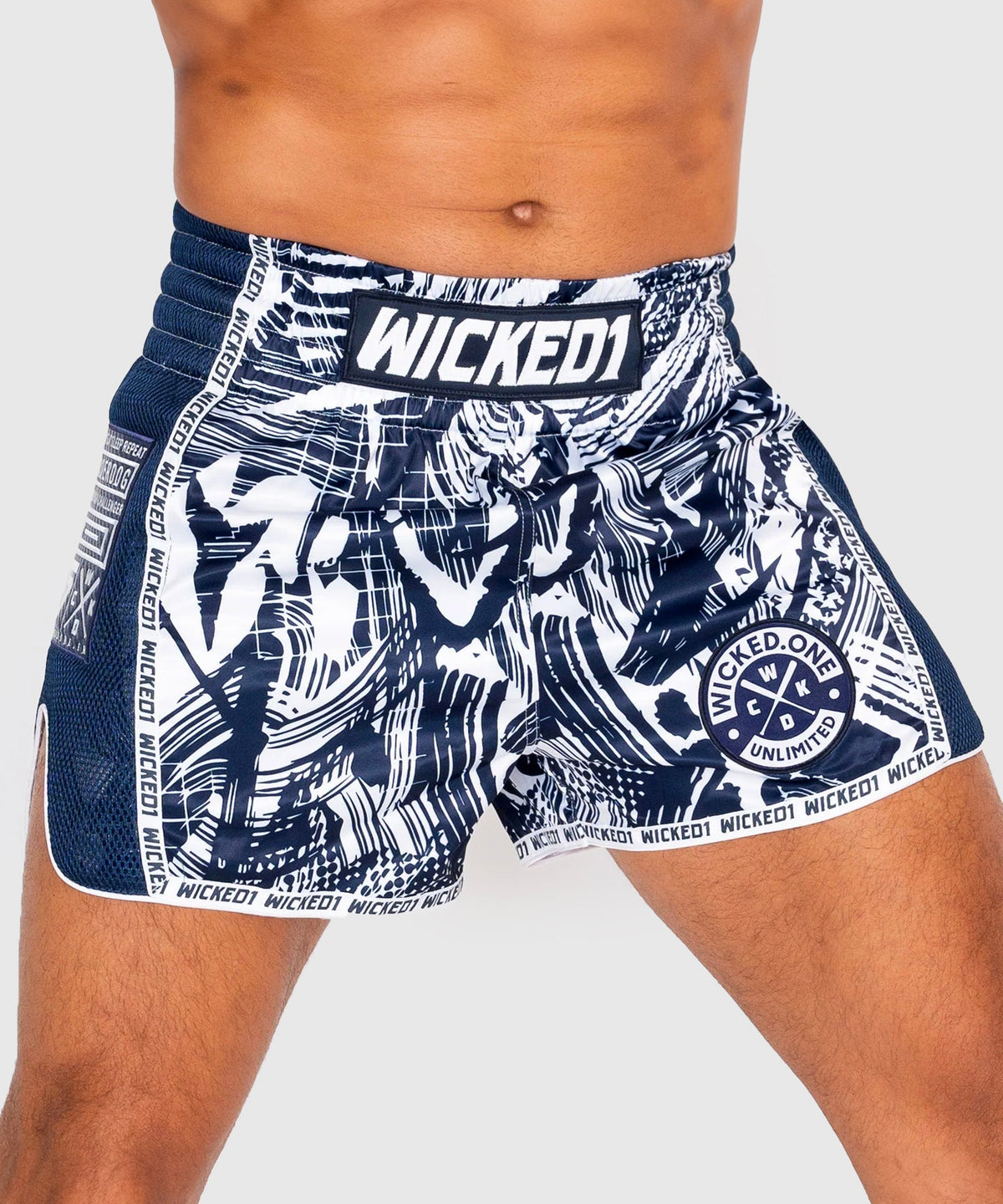 Wicked One Havoc Pantalones de Muay Thai - Azul Marino/Blanco