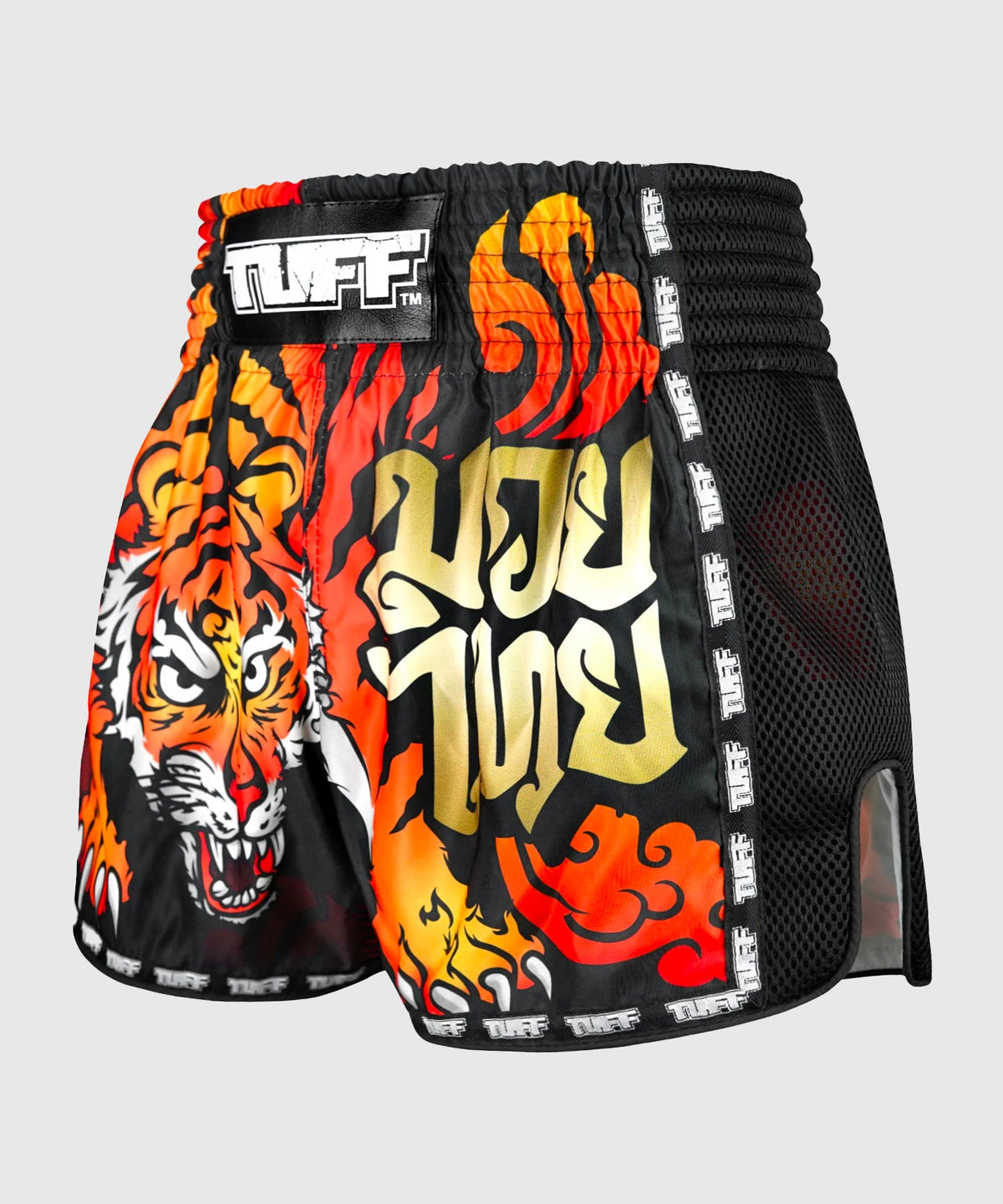 Tuff New Retro Orange Furious Tiger Muay Thai Shorts - Black