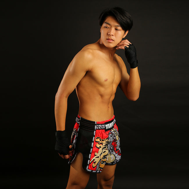 Tuff Retro Style Red Chinese Dragon Muay Thai Shorts - Rot