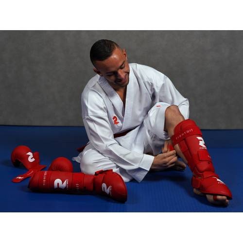 Fight Art Protectores de Espinilla y Pie para Karaté Entrenamiento y Competición - Rojo