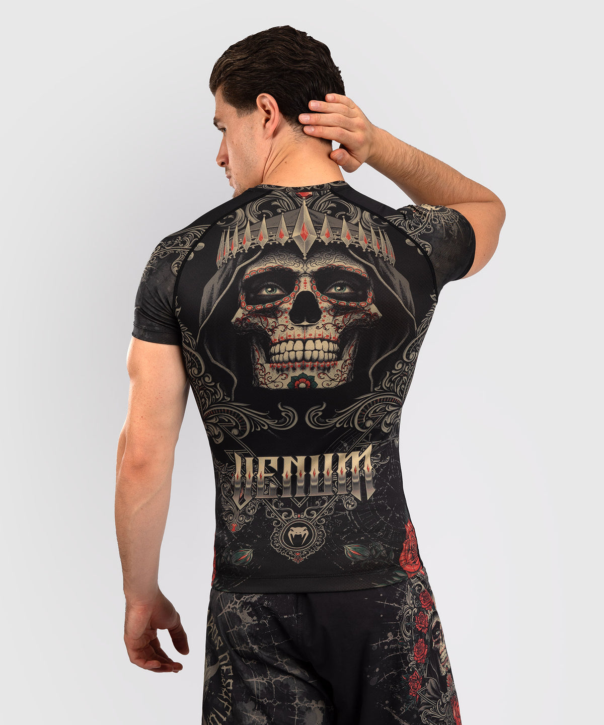 Venum Santa Muerte 5.0 Rashguard de Manga Corta para Hombre - Negro Profundo/Oro