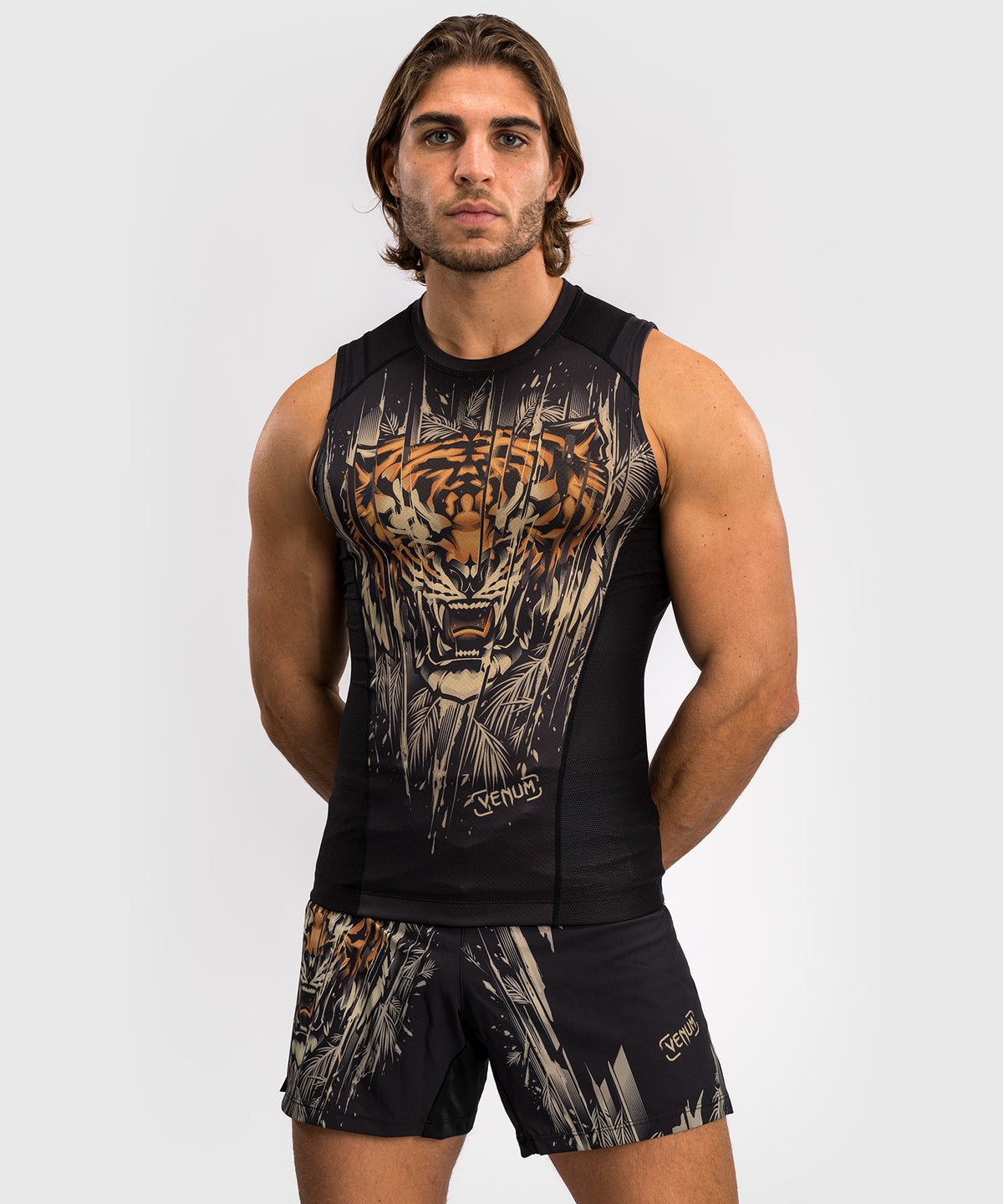Rashguard sans Manches Venum Tiger pour Hommes - Noir/Orange Néon