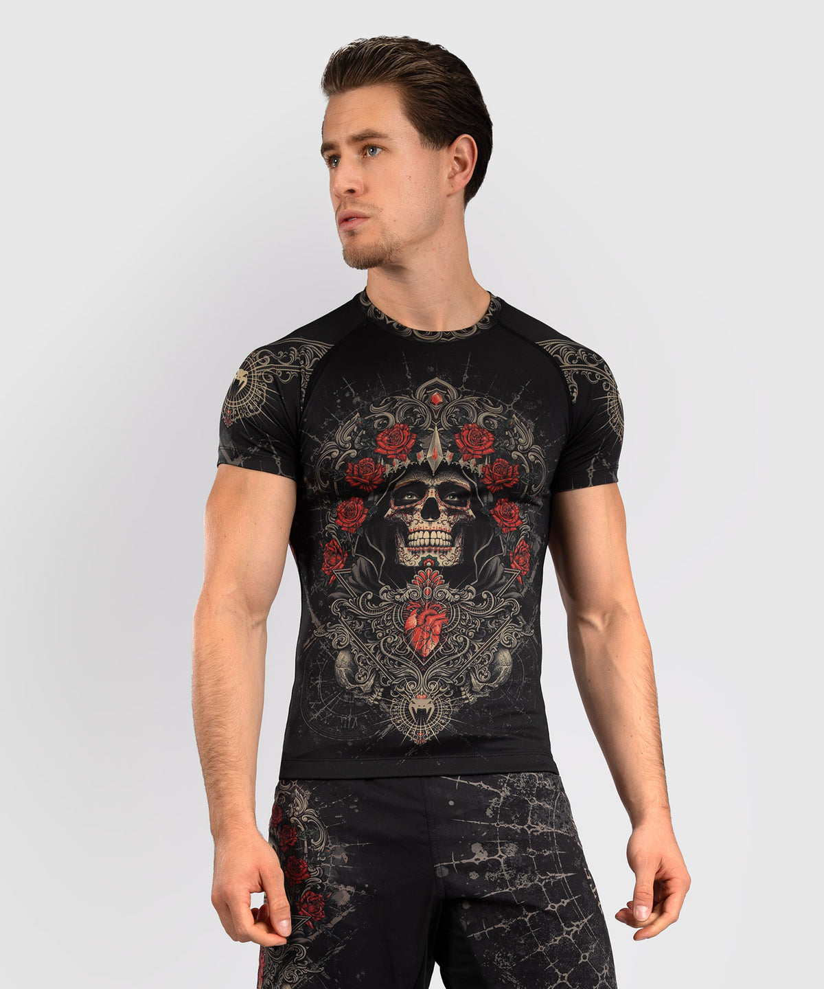 Venum Santa Muerte 5.0 Rashguard de Manga Corta para Hombre - Negro Profundo/Oro