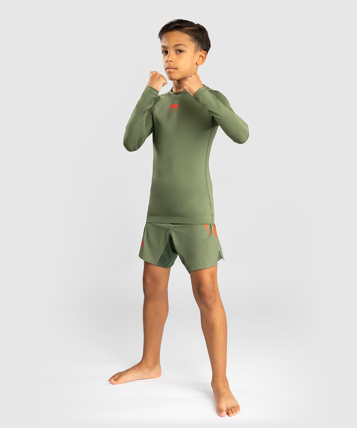 Venum Contender Rashguards Manga Larga para Niños - Verde Ejército/Naranja