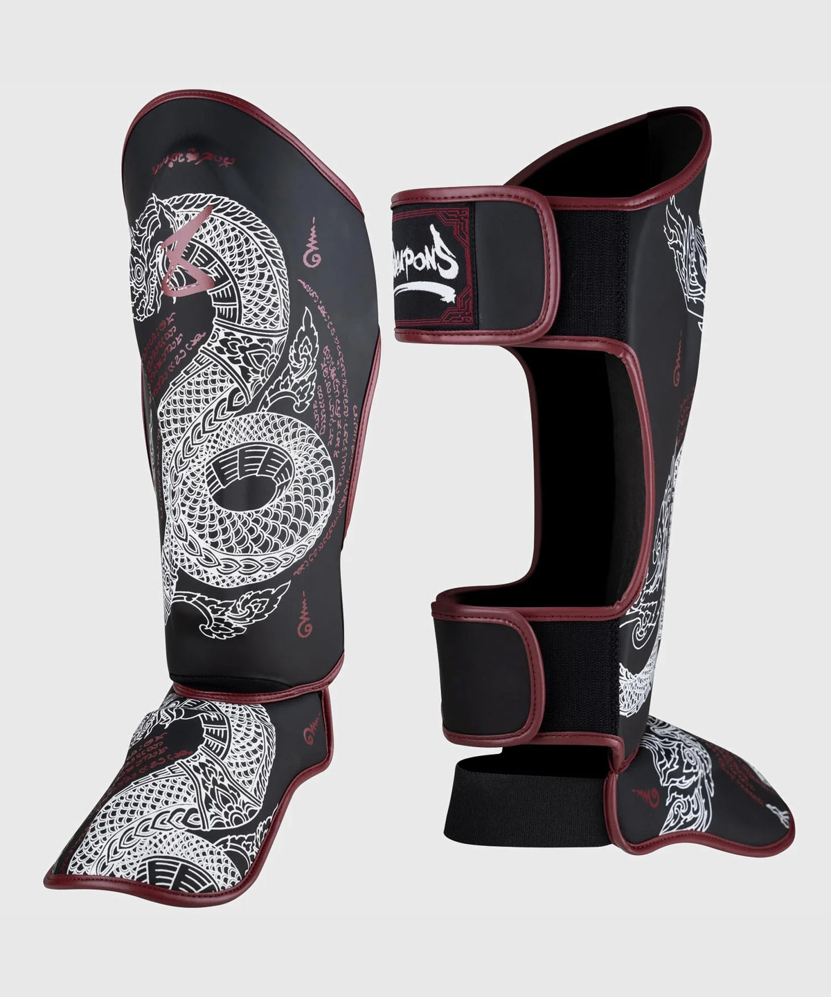 8 Weapons Sak Yant Naga Espinilleras - Negro/Rojo