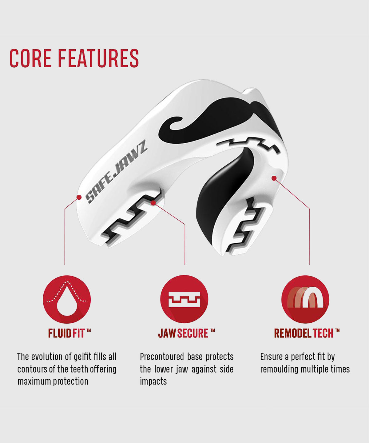 Safejawz Moustache Mouthguard – Adult – White/Black