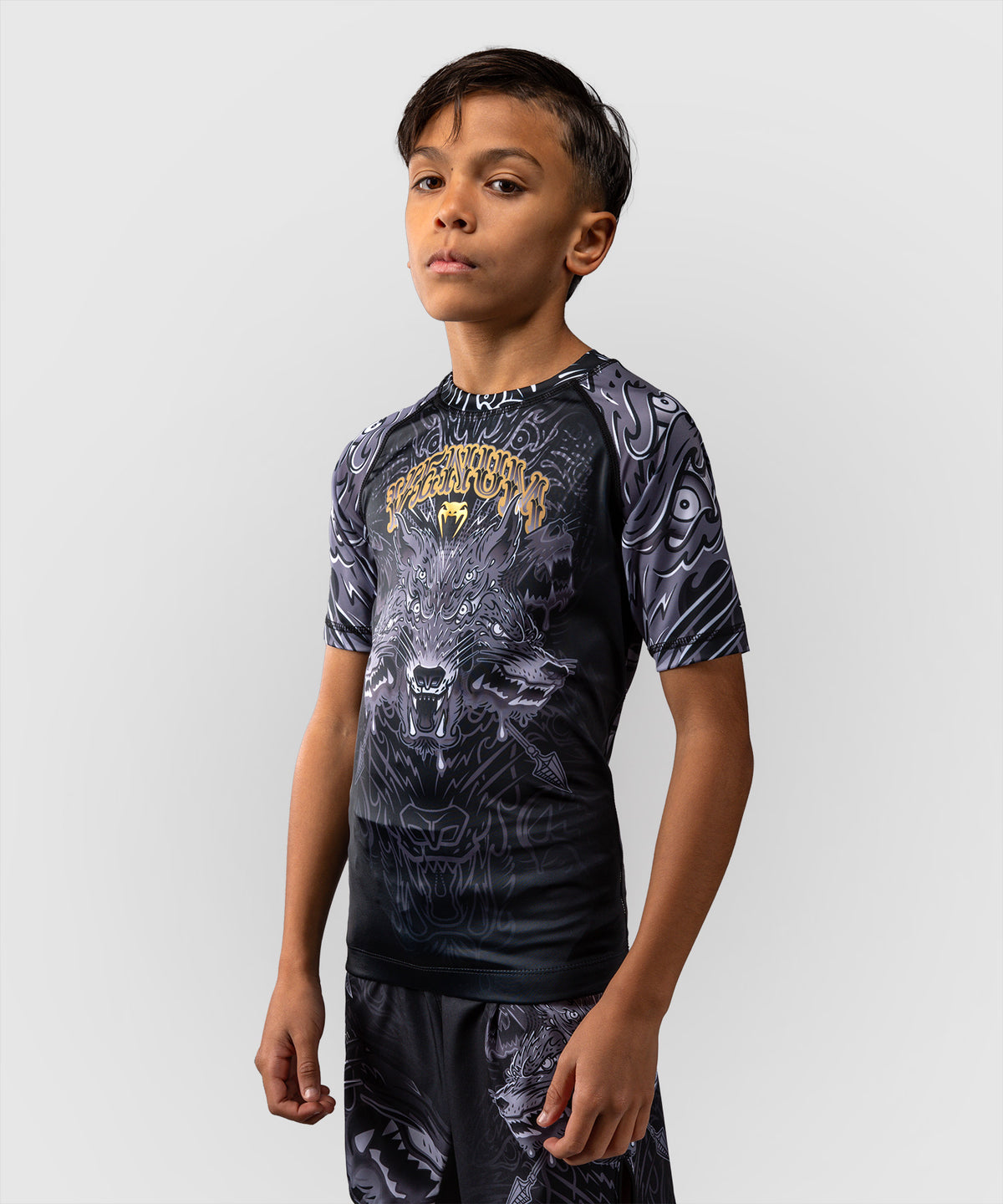 Venum Wolf Atak Rashguard a Maniche Corte Per Bambini – Nero/Grigio