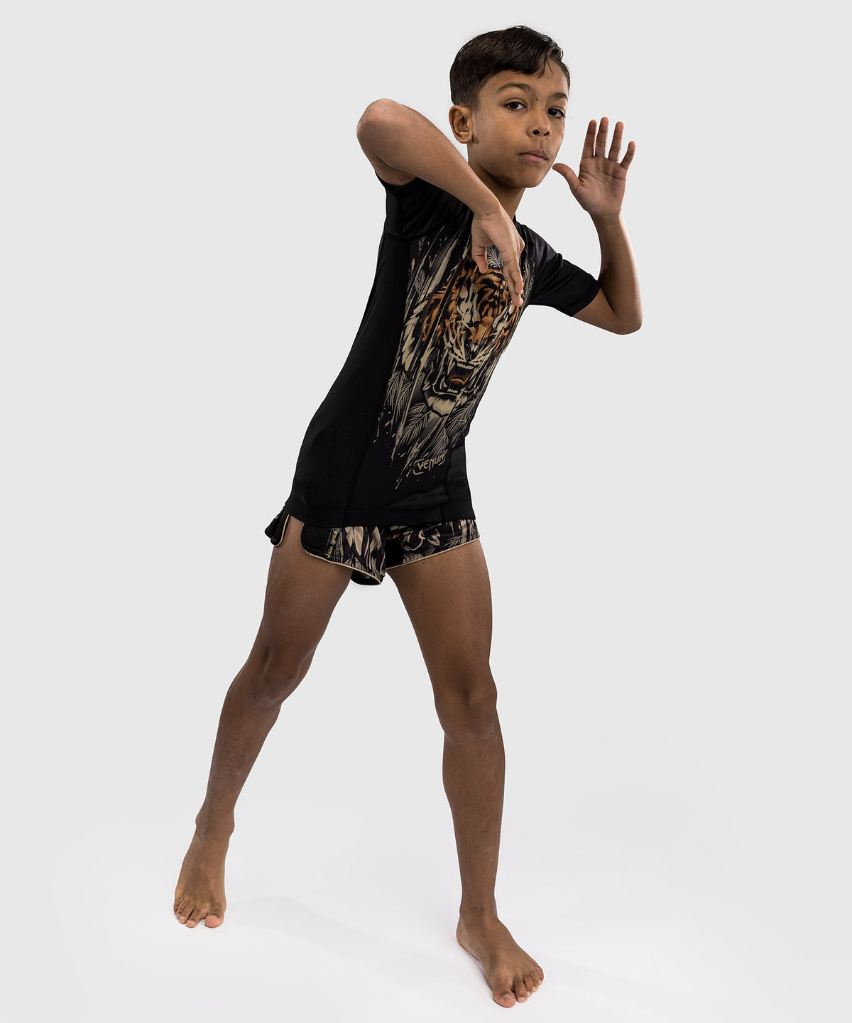 Rashguard à Manches Courtes Venum Tiger pour Enfants - Noir/Orange Néon