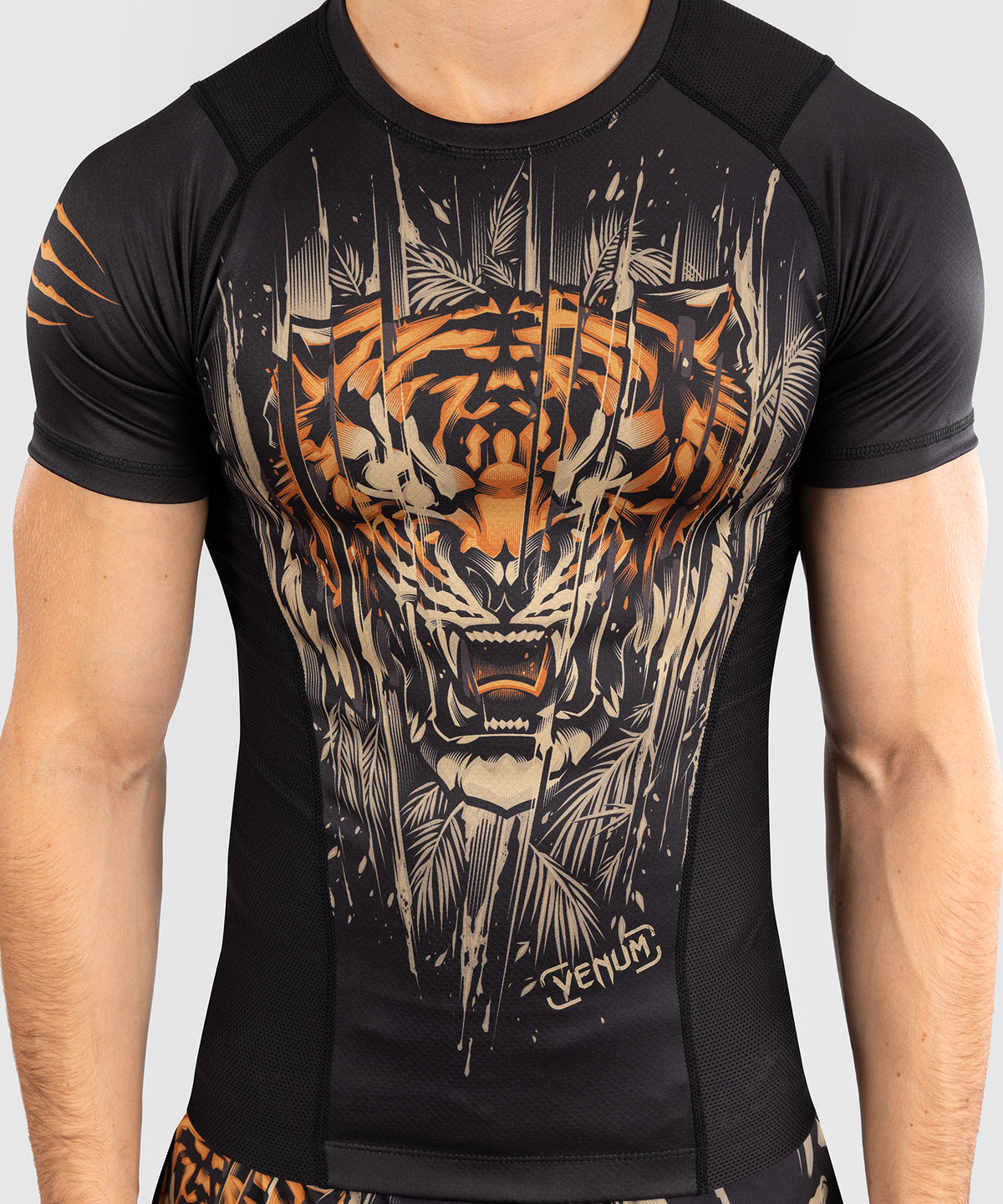 Rashguard à Manches Courtes Venum Tiger pour Hommes - Noir/Orange Néon