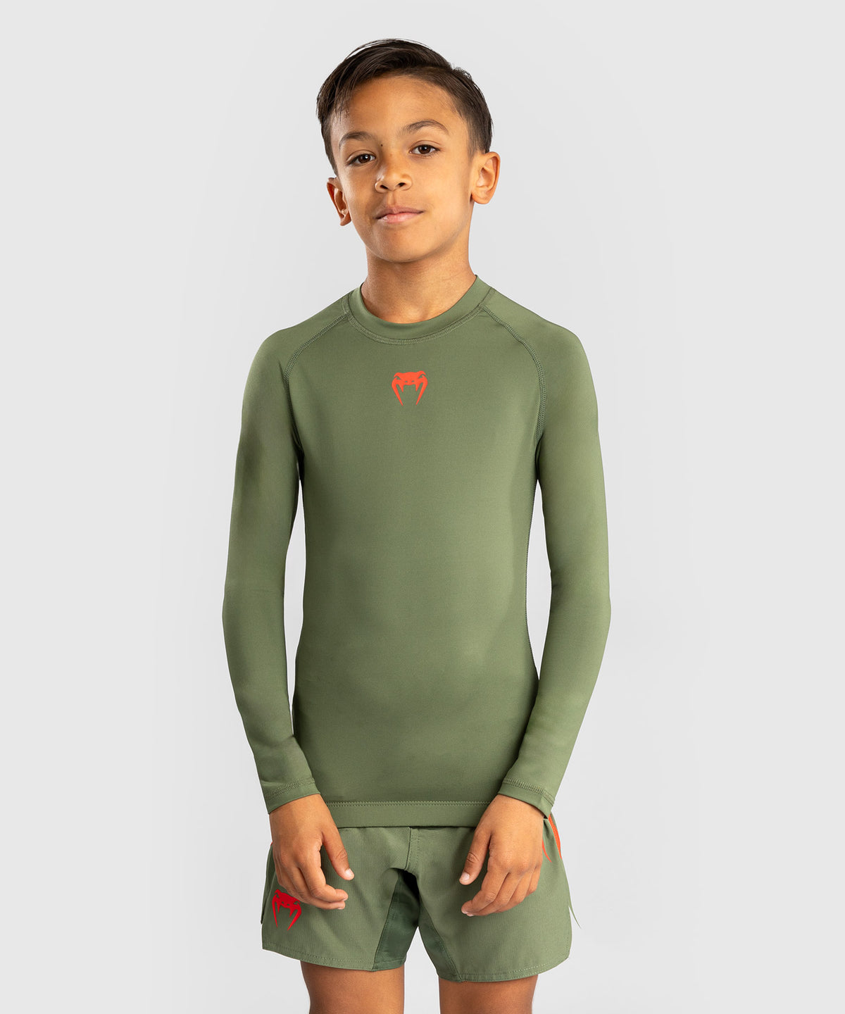 Venum Contender Rashguards Manga Larga para Niños - Verde Ejército/Naranja
